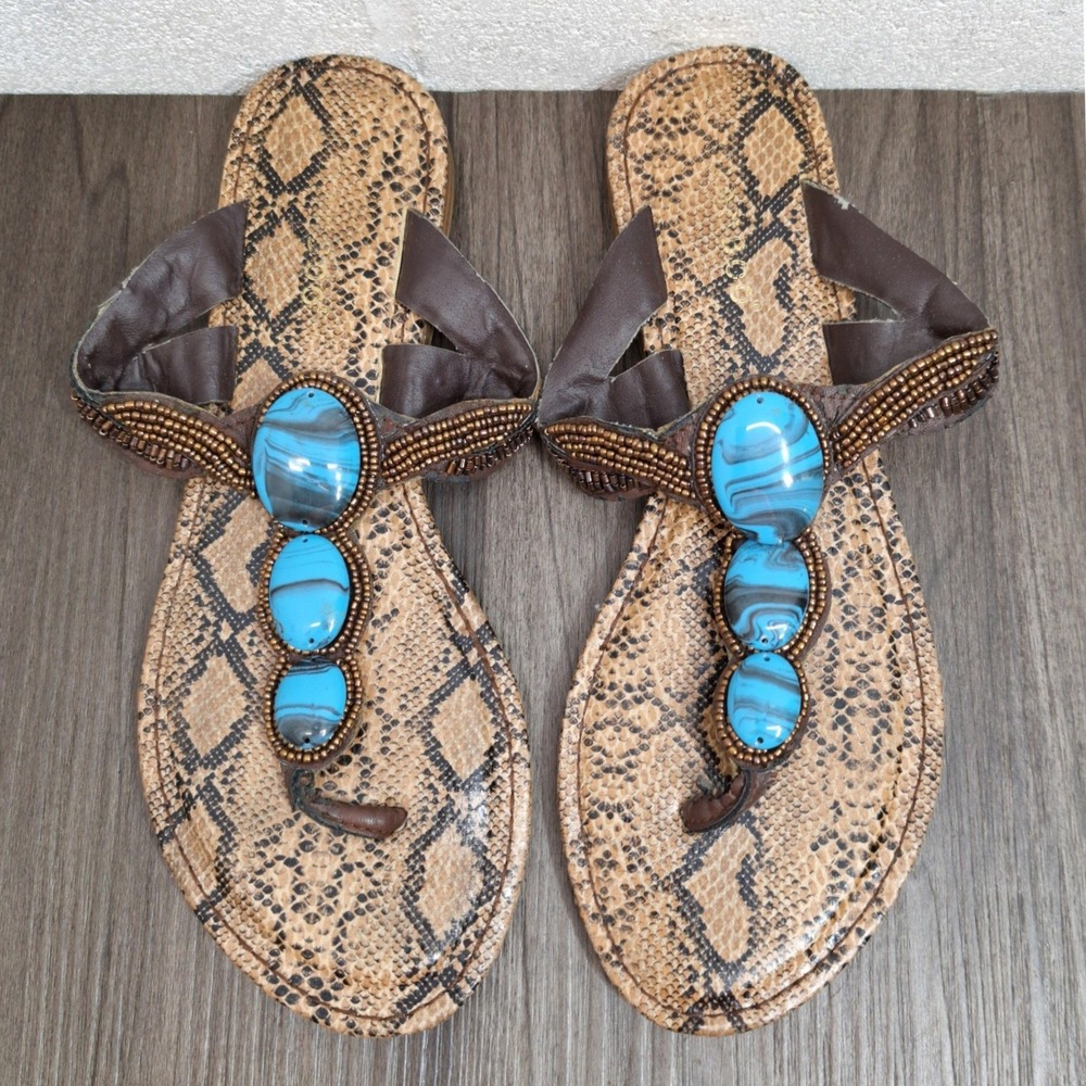 Bamboo Womens Snakeskin Beaded Thong Sandals Turquoise Stone Brown Size 7.5 37.5
